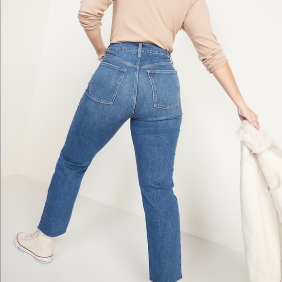 Old Navy Size 8 Extra High Rise Sky-Hi Straight Raw-Hem Ankle Jeans Button Fly - Picture 5 of 10